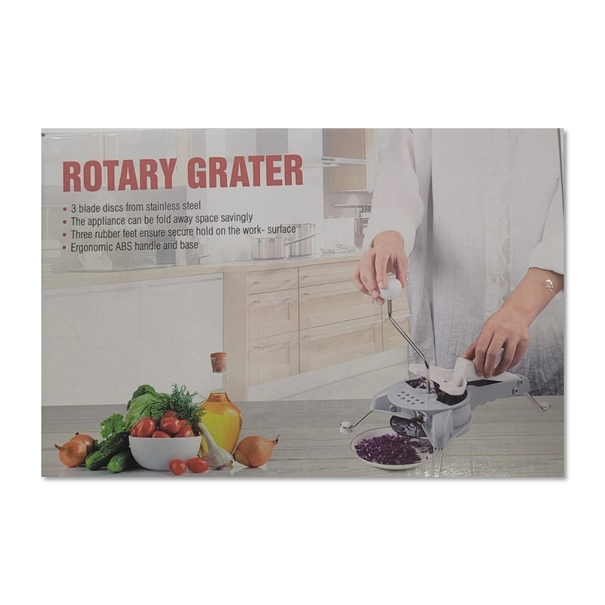 Cortador de vegetales rotatorio con 3 discos de acero inoxidable, mango ergonómico y base antideslizante.
