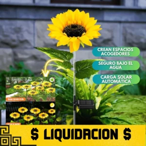 Farol solar decorativo en forma de girasol amarillo con centro negro y hojas verdes. Panel solar negro en el tallo. Texto superpuesto describe funciones de iluminación nocturna y resistencia al agua.