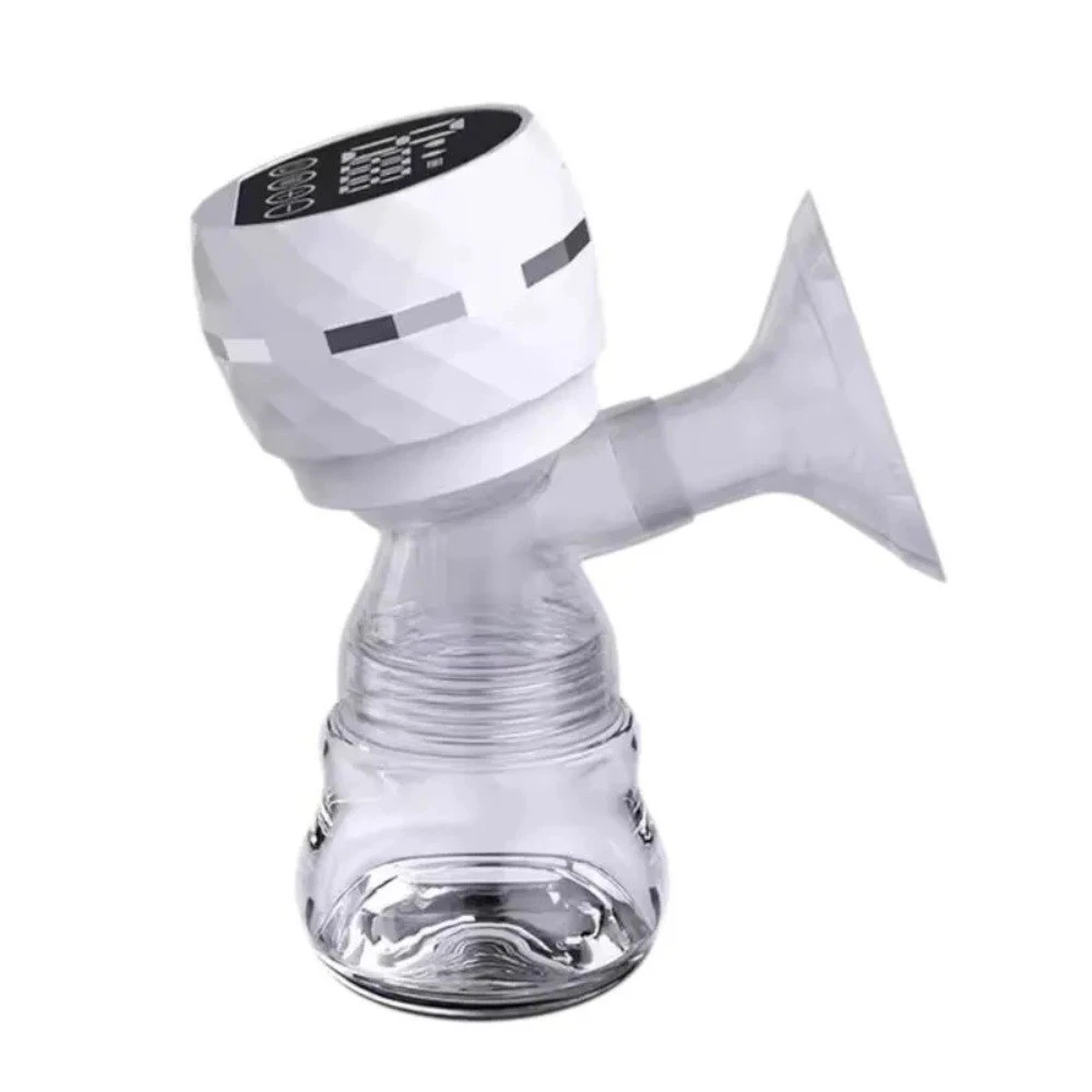 Extractor de leche materna eléctrico blanco con pantalla digital y biberón de vidrio.