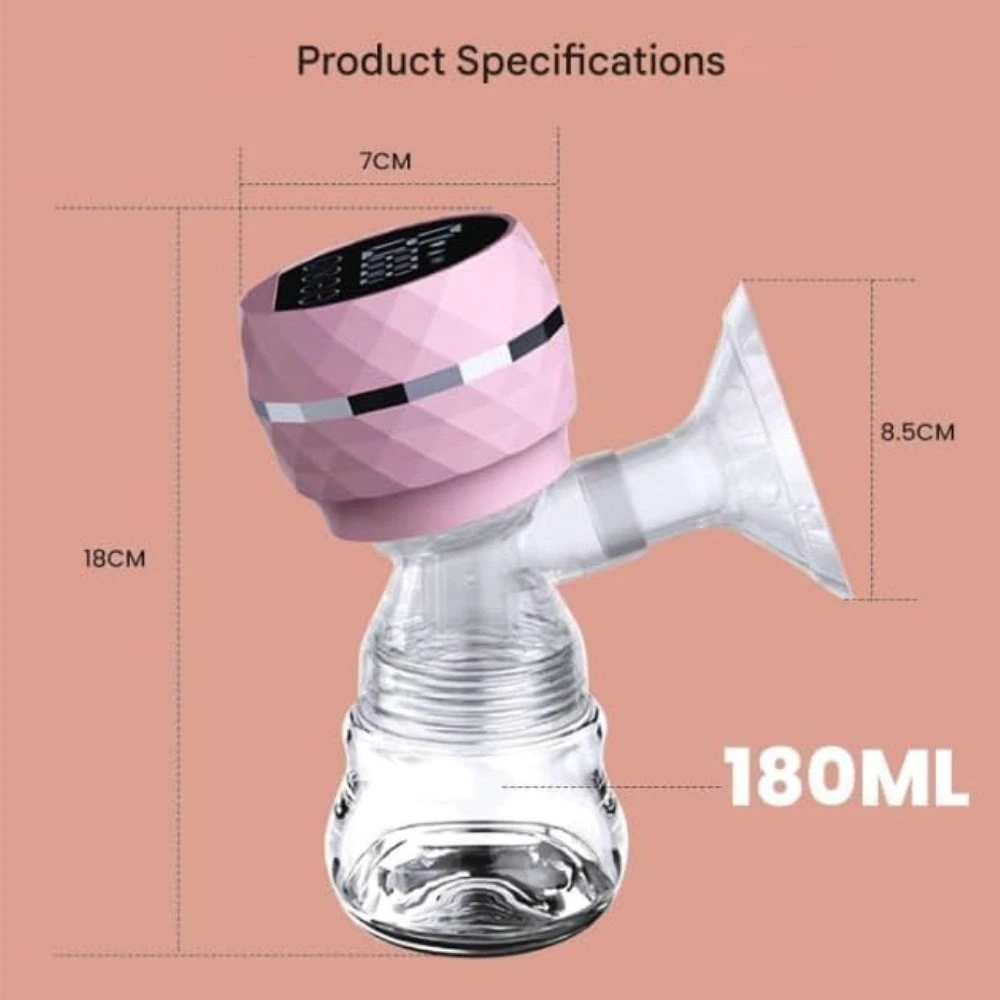 Extractor de leche materna eléctrico rosa con pantalla digital, capacidad de 180ml, medidas 18cm alto, 7cm ancho, 8.5cm embudo.