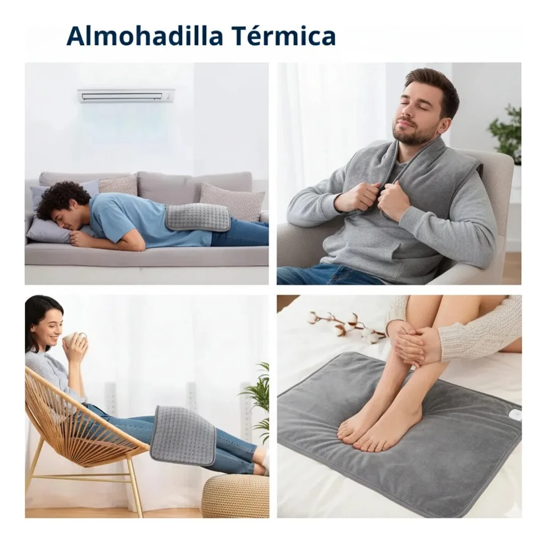 Manta térmica eléctrica gris suave para espalda y pies, usada por hombre y mujer para alivio y relajación.