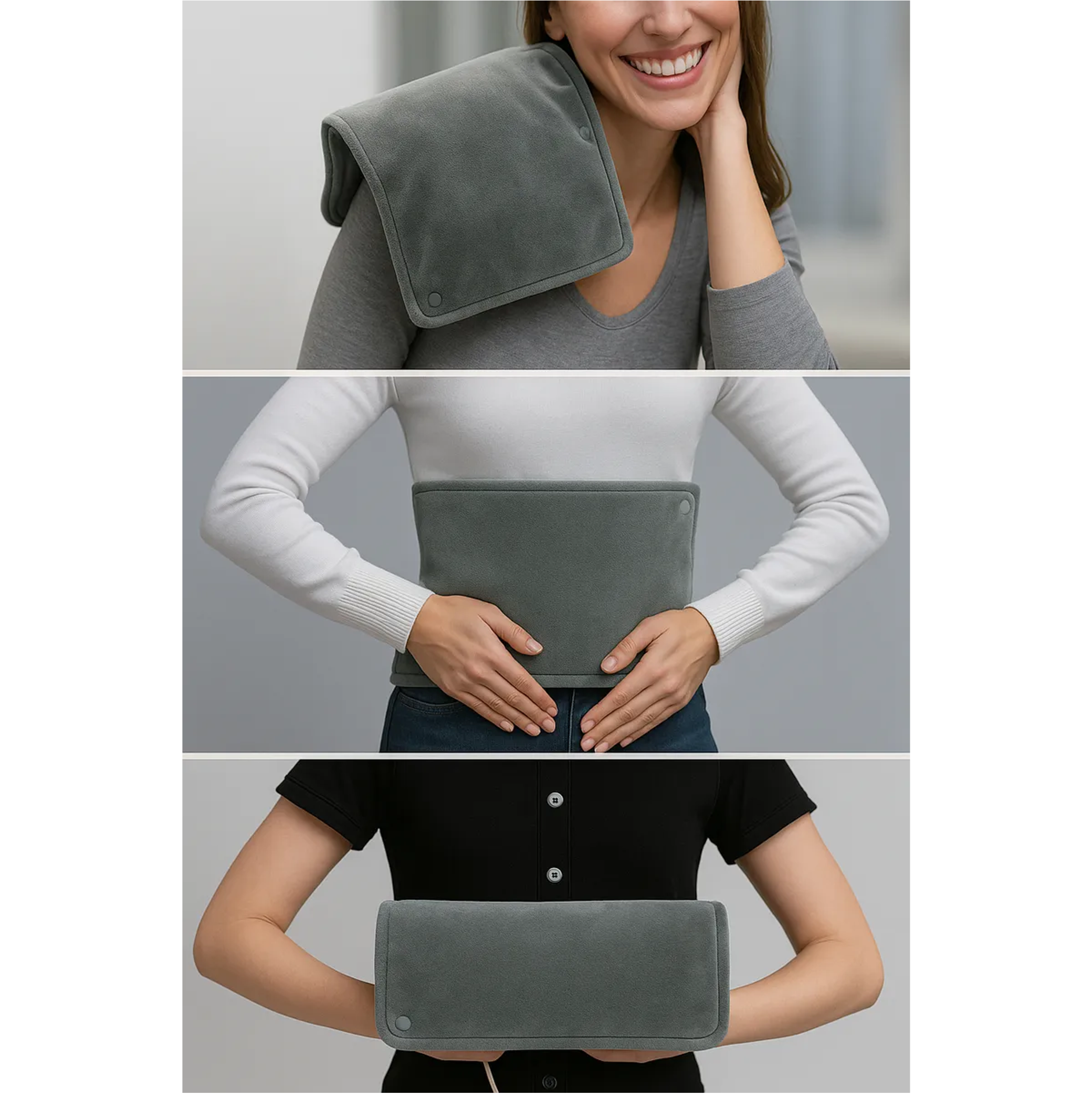 Manta térmica eléctrica gris suave para cuello, cintura y manos. Alivia dolor y relaja músculos.