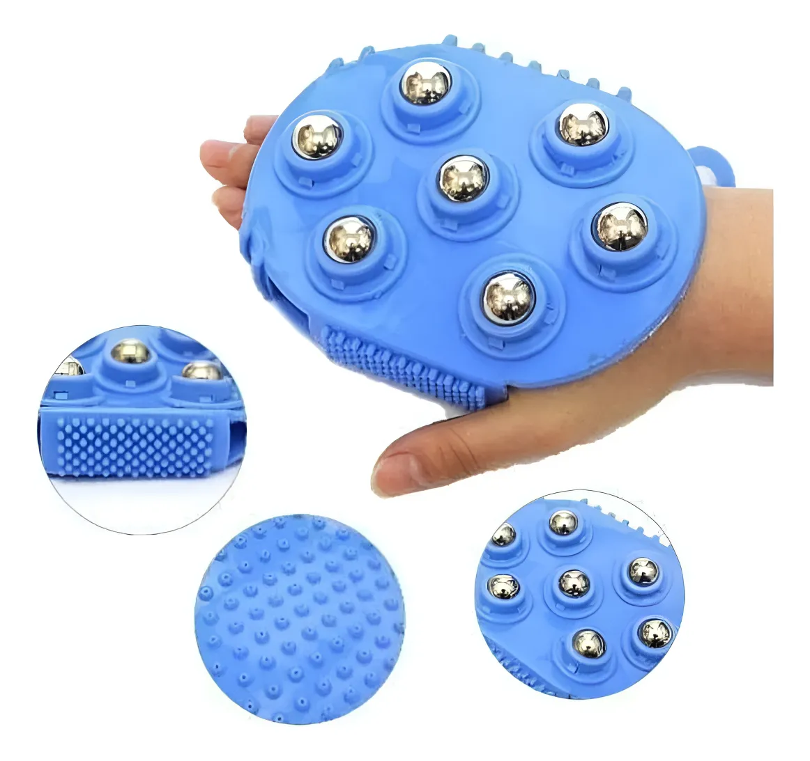 Guante masajeador azul de silicona con balines metálicos para aliviar fatiga y mejorar circulación. Incluye detalle de textura.