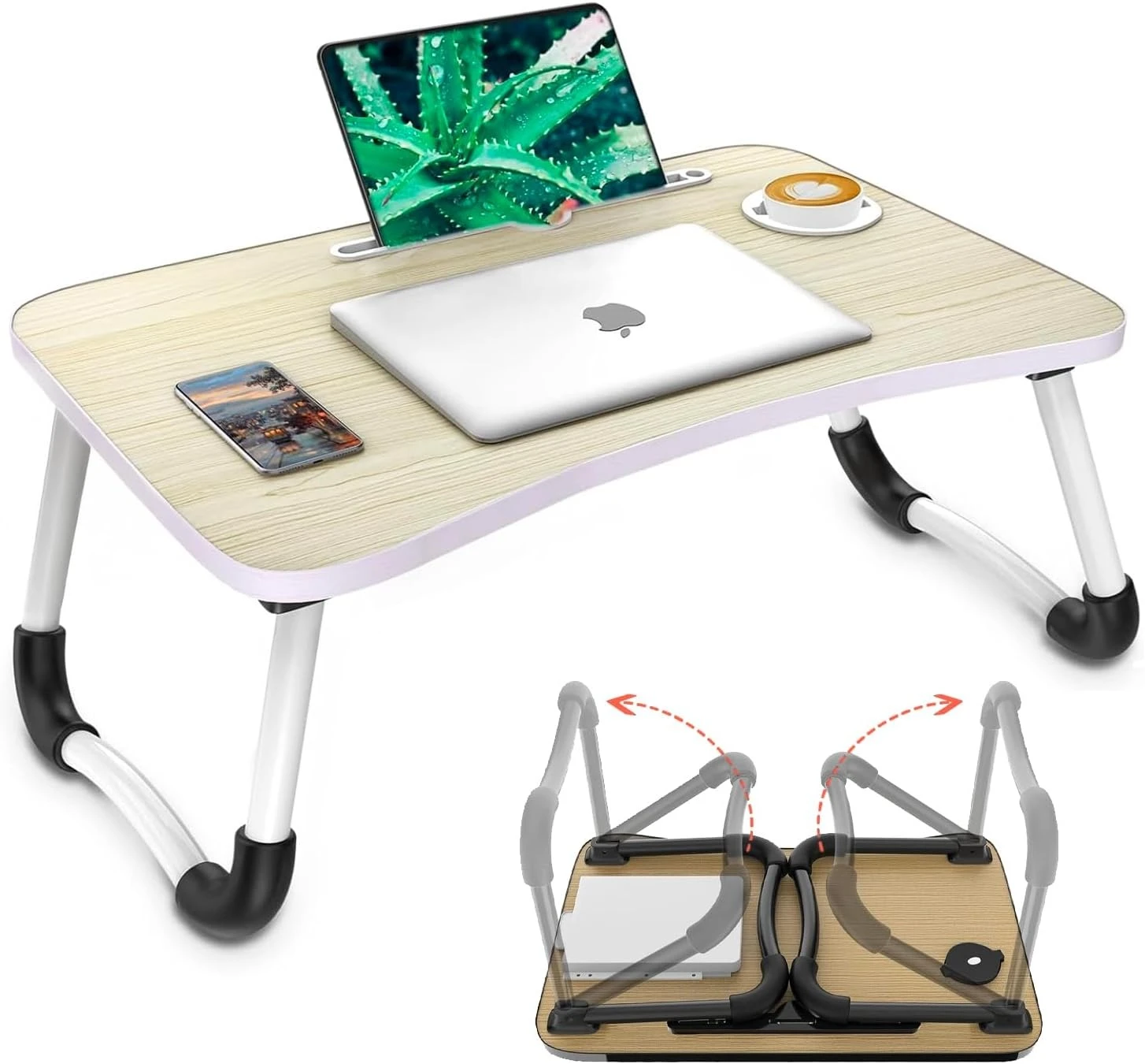 Mesa plegable auxiliar para laptop, color madera claro con patas ajustables y reposabrazos, ideal para usar en cama o escritorio.