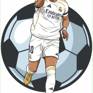 Rompecabezas de fútbol con de Kylian Mbappé en uniforme blanco del Real Madrid señalando, sobre fondo de balón de fútbol.
