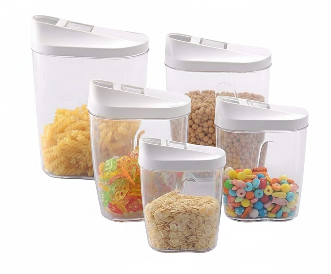 Set Recipientes Alimentos Transparentes x5 con Tapa Blanca - Organiza tu cocina y conserva tus alimentos