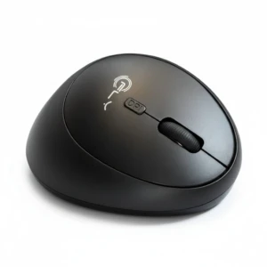Mouse inalámbrico ergonómico negro con logo blanco y botón DPI.