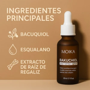 Serum de Bakuchiol Moika en botella ámbar, 30 ml, con ingredientes principales listados: Bacuquiol, Escualano y Extracto de Raíz de Regaliz.