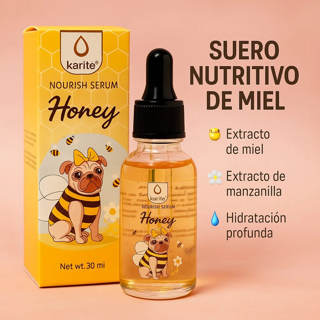 Serum Karité Honey nutritivo con extractos de miel y manzanilla, botella con gotero y caja amarilla, 30 ml.