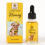 Caja y frasco gotero de serum nutritivo de miel karité 30 ml con diseño de pug vestido de abeja.