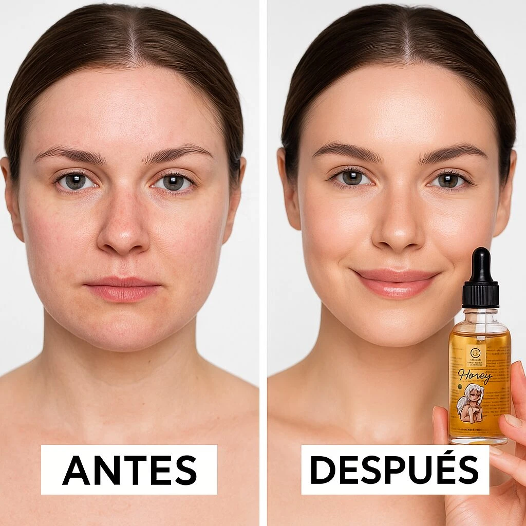 Comparativa piel antes y después serum nutritivo Miel Karite con gotero, resalta hidratación.