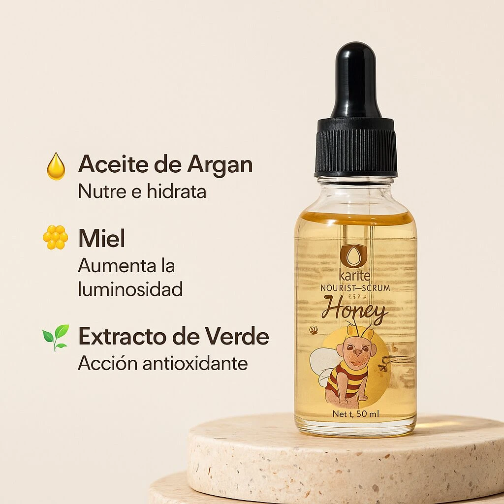 Serum nutritivo karité miel en frasco con gotero, 50ml, ideal para piel seca. Destaca sus ingredientes: aceite de argán, miel y extracto de verde.