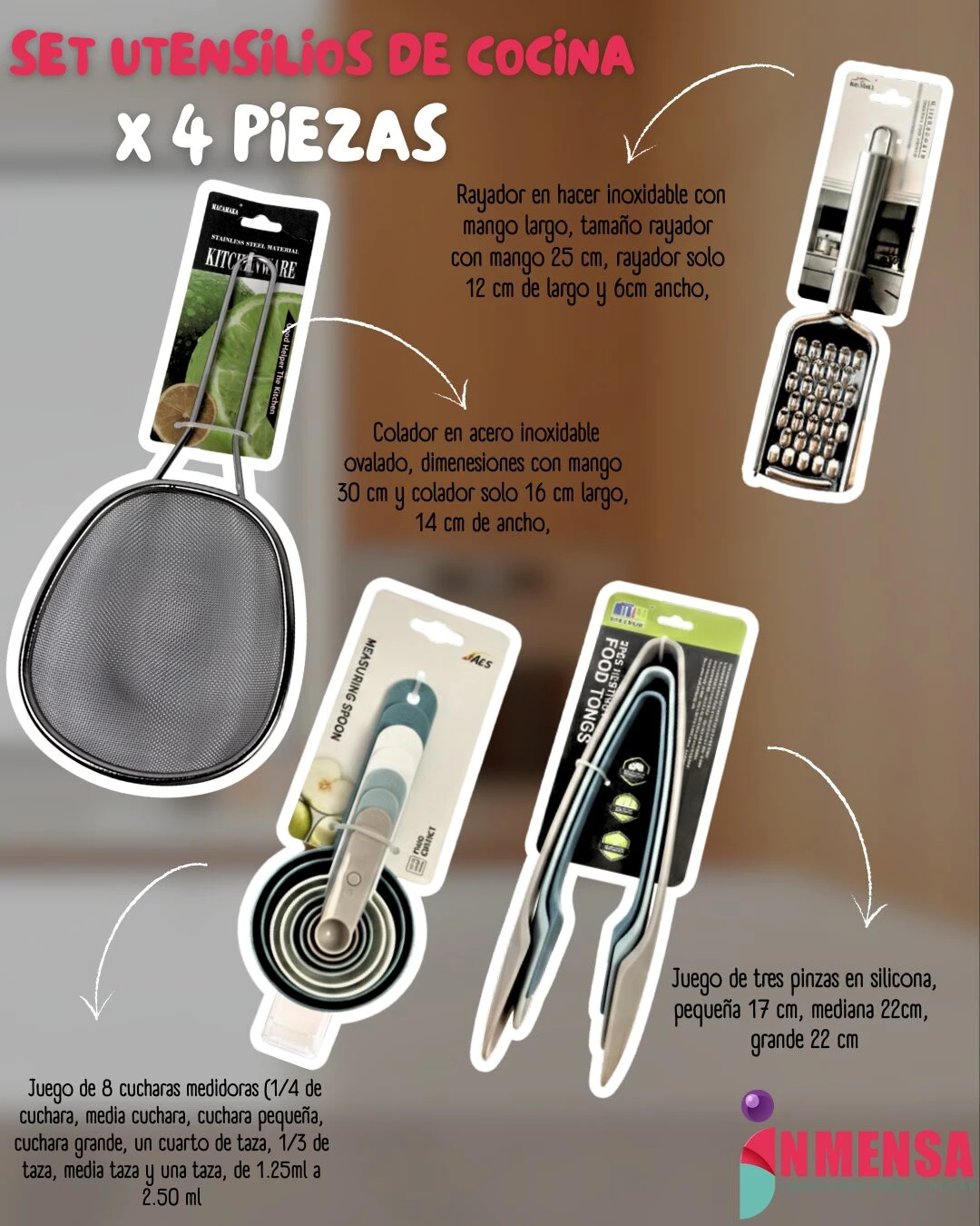 Set de cuatro utensilios de cocina: pinzas silicona, medidoras, colador y rallador, con empaque individual y detalles en colores negro, verde y blanco.