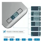 Balanza digital de cocina en acero inoxidable con pantalla LED que muestra medidas en gramos, kilogramos, libras, onzas y mililitros.