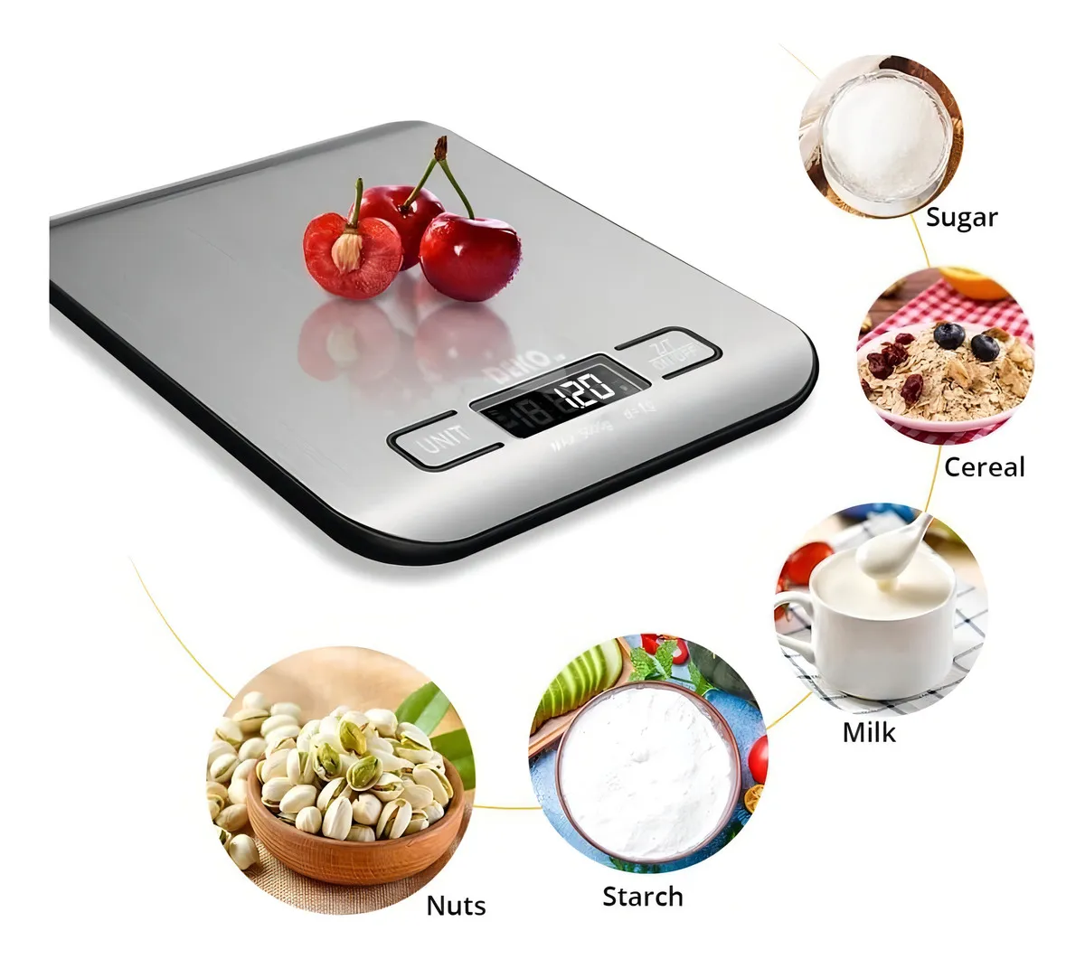 Balanza digital de cocina en acero inoxidable con pantalla LED, mostrando cerezas y círculos con azúcar, cereal, nueces, almidón y leche.