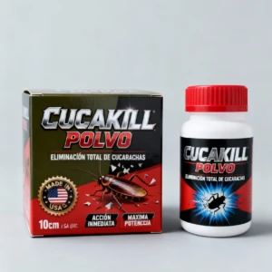 Caja y botella de Cucakill Polvo, eliminador de cucarachas. La caja negra y roja muestra 10cm x 5g, sello Made in USA y cucaracha. La botella es blanca con tapa roja.