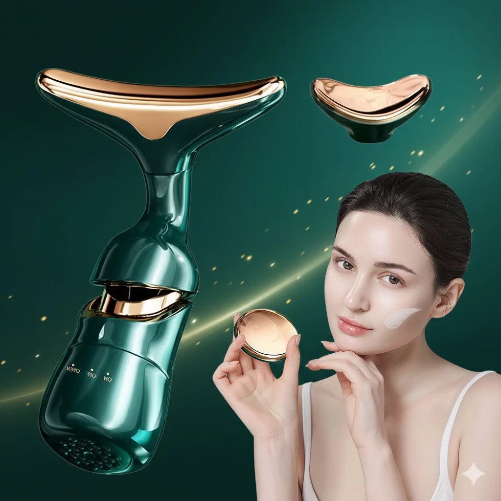 Masajeador facial eléctrico verde esmeralda y dorado, con cabezal en forma de U y accesorio redondo, para tonificar y rejuvenecer la piel.