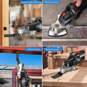 Adaptador oscilante para amoladora angular. Muestra cortes en madera, lijado de metal, corte de vigas y extracción de clavos. Herramienta negra y plateada.