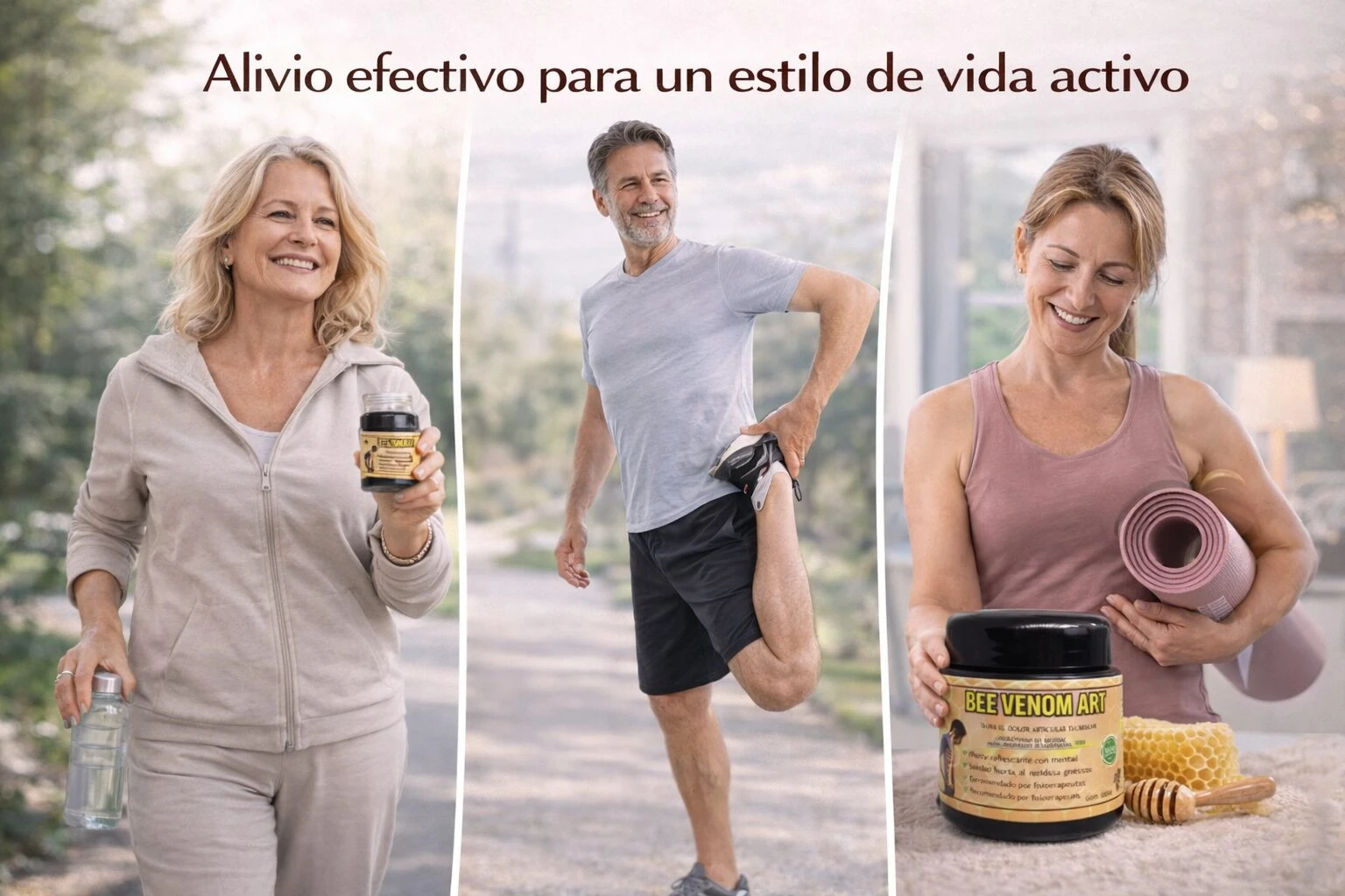 Tres personas activas mostrando crema apitoxina para articulaciones, con tarro negro y etiqueta amarilla, rodillo de masaje y miel visible.