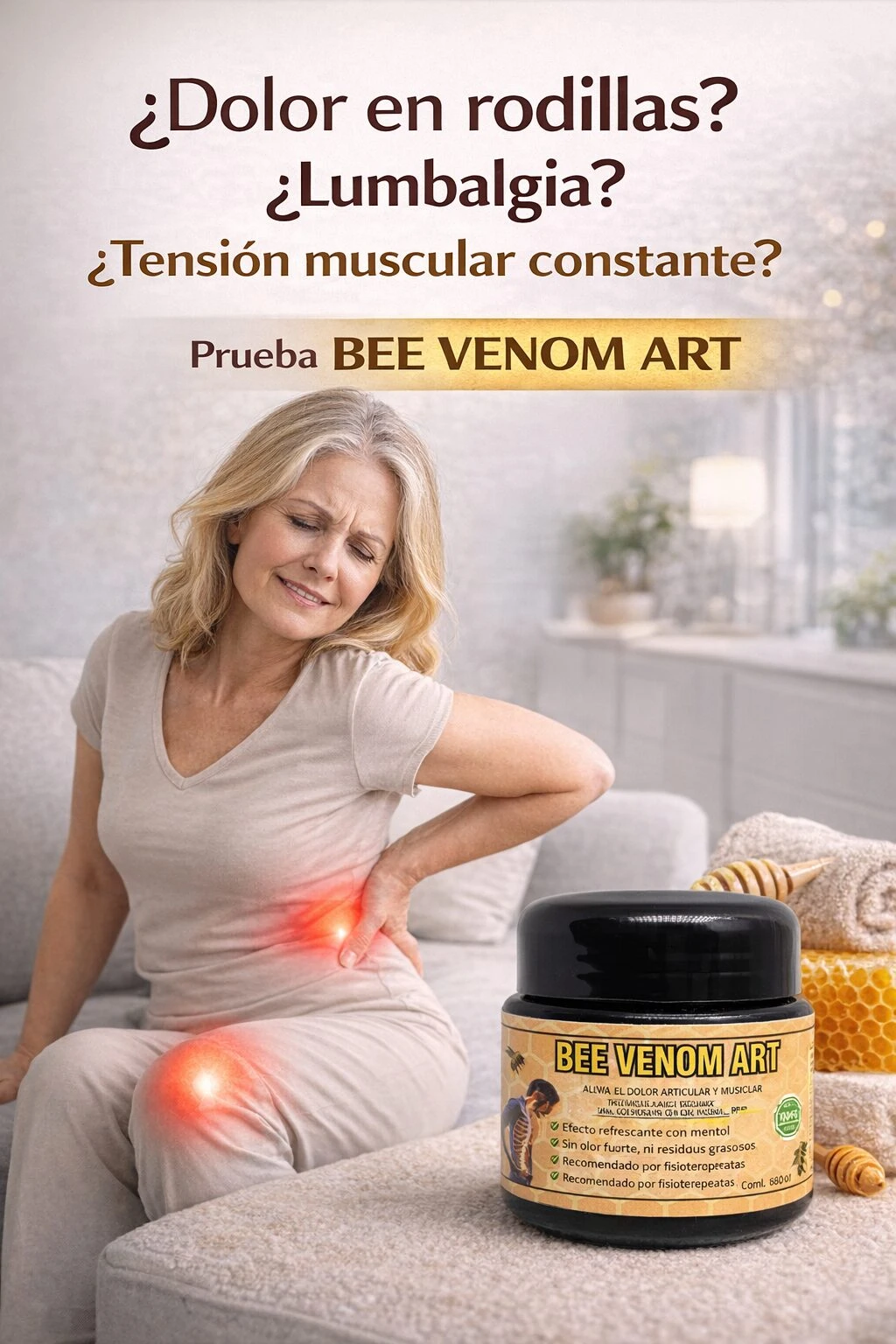Crema BEE VENOM ART en tarro negro con etiqueta amarilla, junto a mujer sentada con dolor en rodilla y lumbalgia, ilustrando uso para alivio muscular y articular.