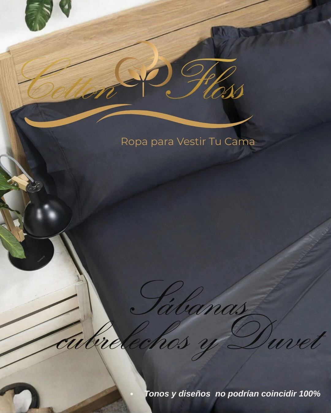Sábanas de microfibra en tono oscuro sobre cama sencilla, con cojines y cabecero de madera; incluye funda de almohada y duvet.