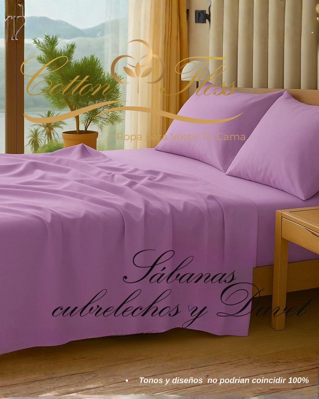 Sábanas de microfibra en tono lila sobre cama sencilla, con sábanas y almohadas visibles, ambiente acogedor con luz natural y decoración interior.