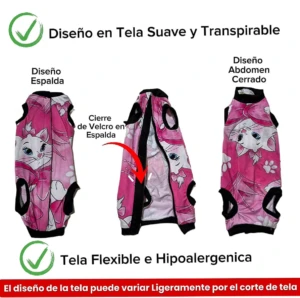 Faja quirúrgica para gatos con diseño de gatita Marie, tela suave, transpirable, cierre en espalda.