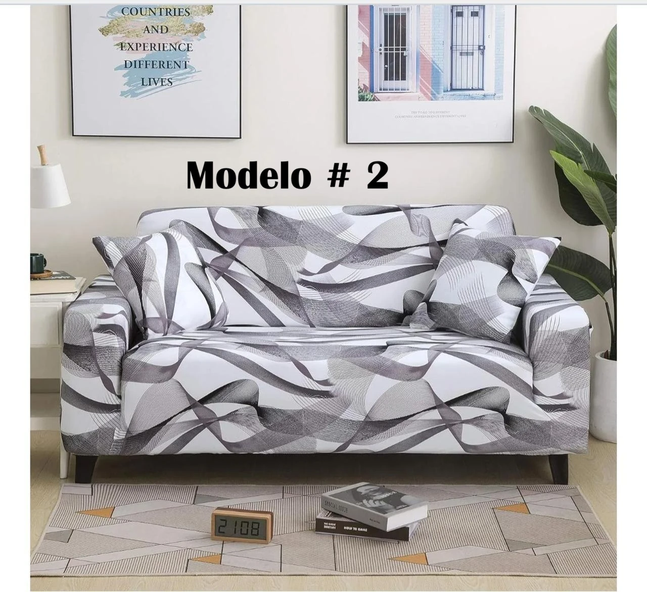 Funda elástica protectora para sofá en diseño abstracto gris y blanco, modelo #2, con cojines integrados y patas de madera oscura.