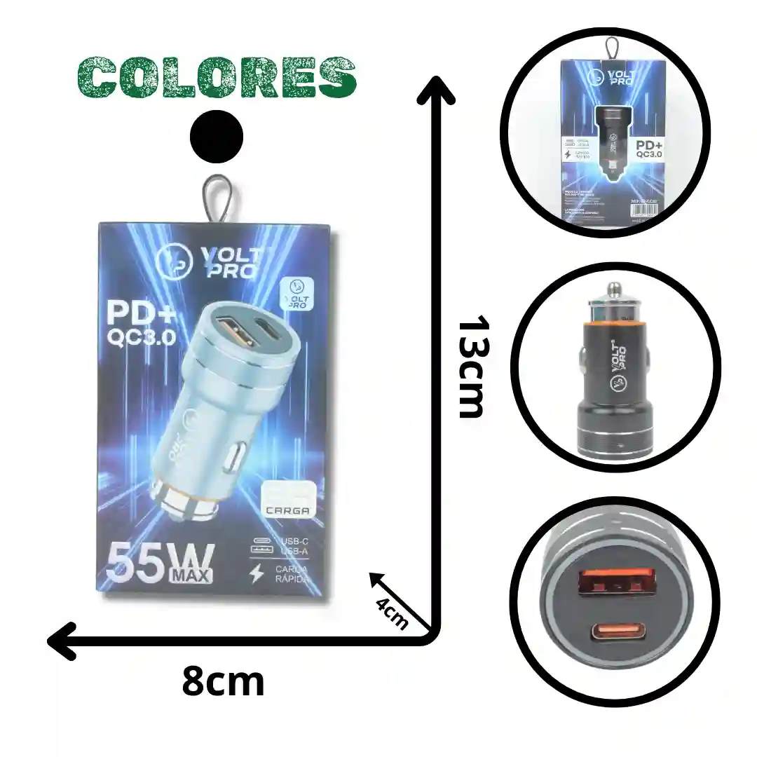 Cargador de coche Volt Pro 55W, doble puerto USB-C y USB-A, carga rápida, color plateado, 13x8x4cm.
