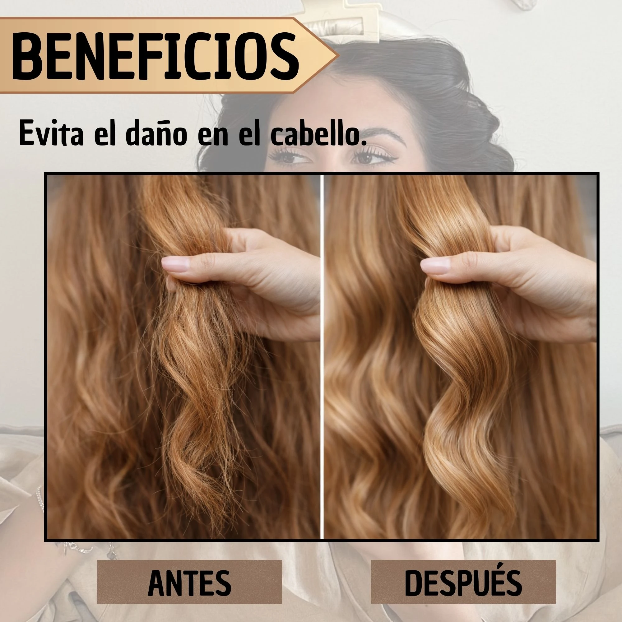 Rizador de cabello satin negro: antes y después, mostrando cabello liso y rizado, sin calor.