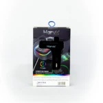 Cargador Bluetooth Harvic PL-BT-250 en su empaque original, mostrando el dispositivo negro con luces LED multicolor y detalles de radio FM.