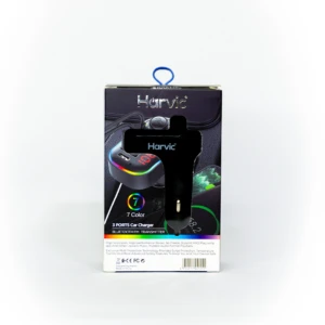 Cargador Bluetooth Harvic PL-BT-250 en su empaque original, mostrando el dispositivo negro con luces LED multicolor y detalles de radio FM.