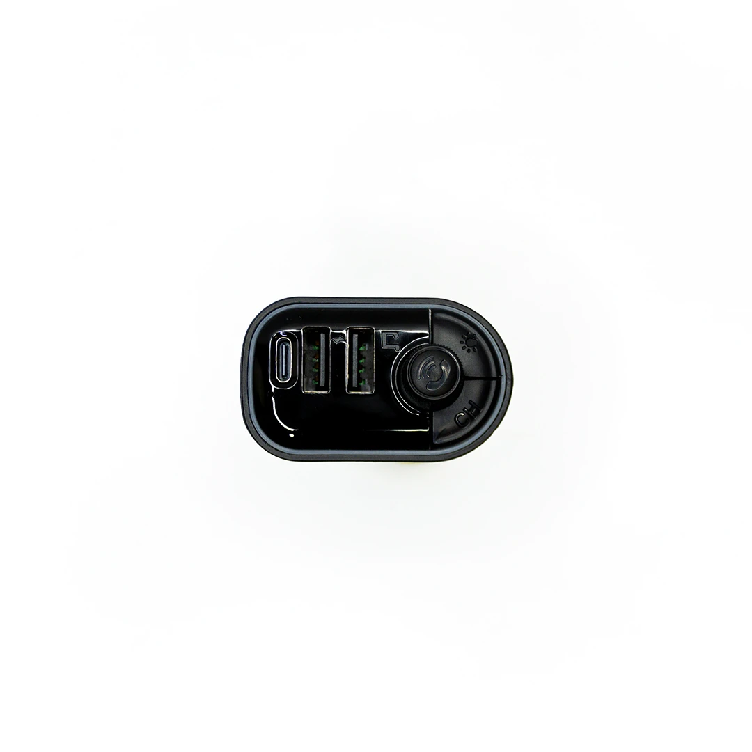 Vista superior del cargador Bluetooth Harvic PL-BT-250 en color negro, mostrando puerto USB, ranuras para tarjetas y cámara frontal integrada.