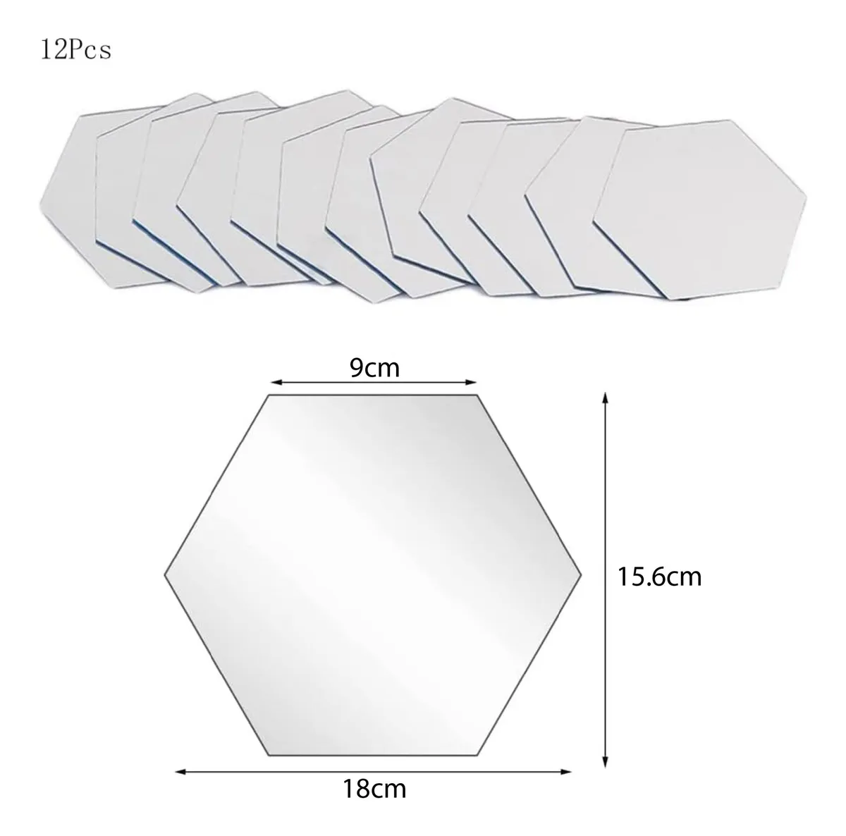 12 espejos acrílicos hexagonales adhesivos de 18cm, amplían y decoran espacios.