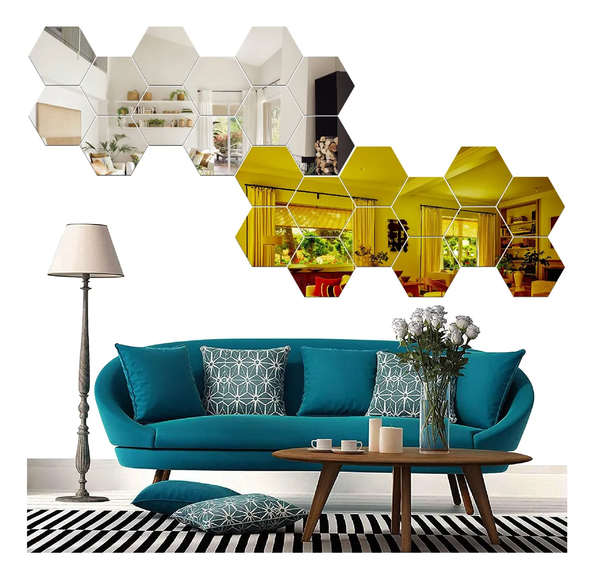 Espejos acrílicos hexagonales decorativos, reflejan sala moderna con sofá azul y mesa de centro.