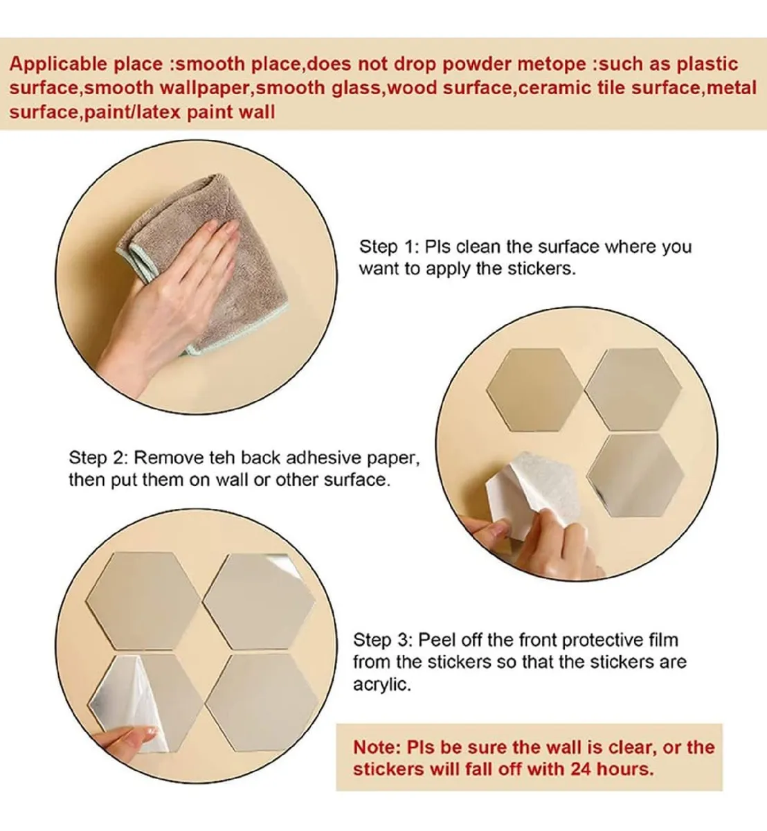 Espejos acrílicos hexagonales adhesivos de 18cm, fáciles de instalar en superficies lisas para decorar.