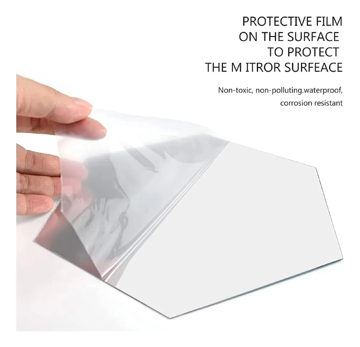 Espejo acrílico hexagonal adhesivo de 18cm, con película protectora removible, ideal para decorar espacios.