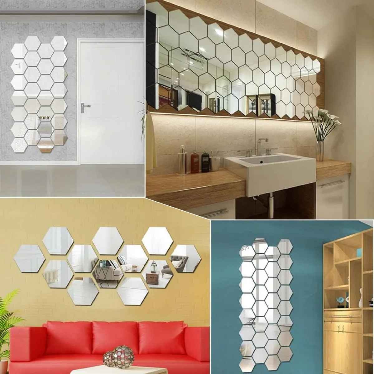 Espejos acrílicos hexagonales adhesivos de 18cm decoran pared y baño, creando efecto de amplitud.