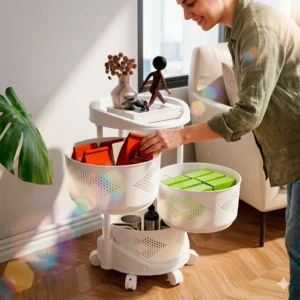 Organizador giratorio blanco de 3 niveles con ruedas, con paquetes naranjas y verdes, ideal para maximizar espacio.