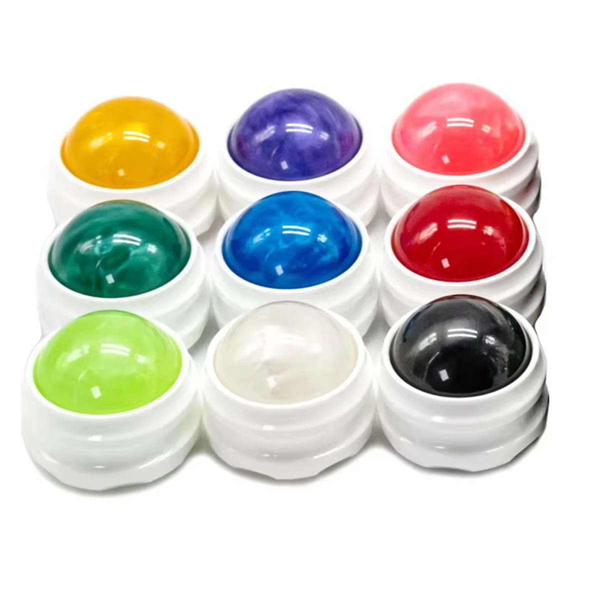 Set de 9 rollers terapéuticos de colores vibrantes: amarillo, morado, rosa, verde, azul, rojo, verde lima, blanco y negro, con base blanca.