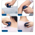 Masajeador roller terapéutico ball pro en uso en muslos, brazo, hombros y espalda, color azul.