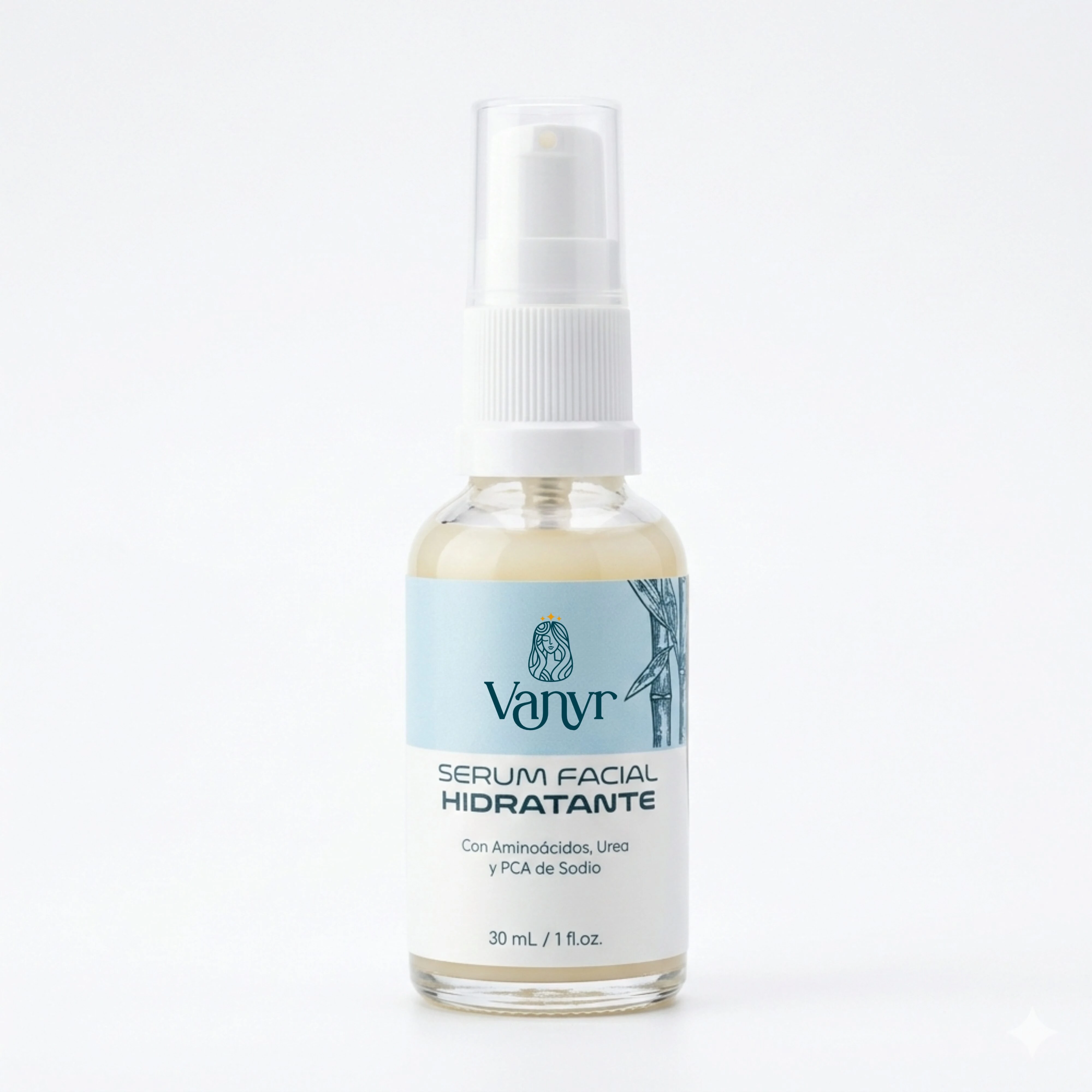 Serum facial hidratante Vanyr en frasco de vidrio transparente de 30 ml con atomizador blanco.