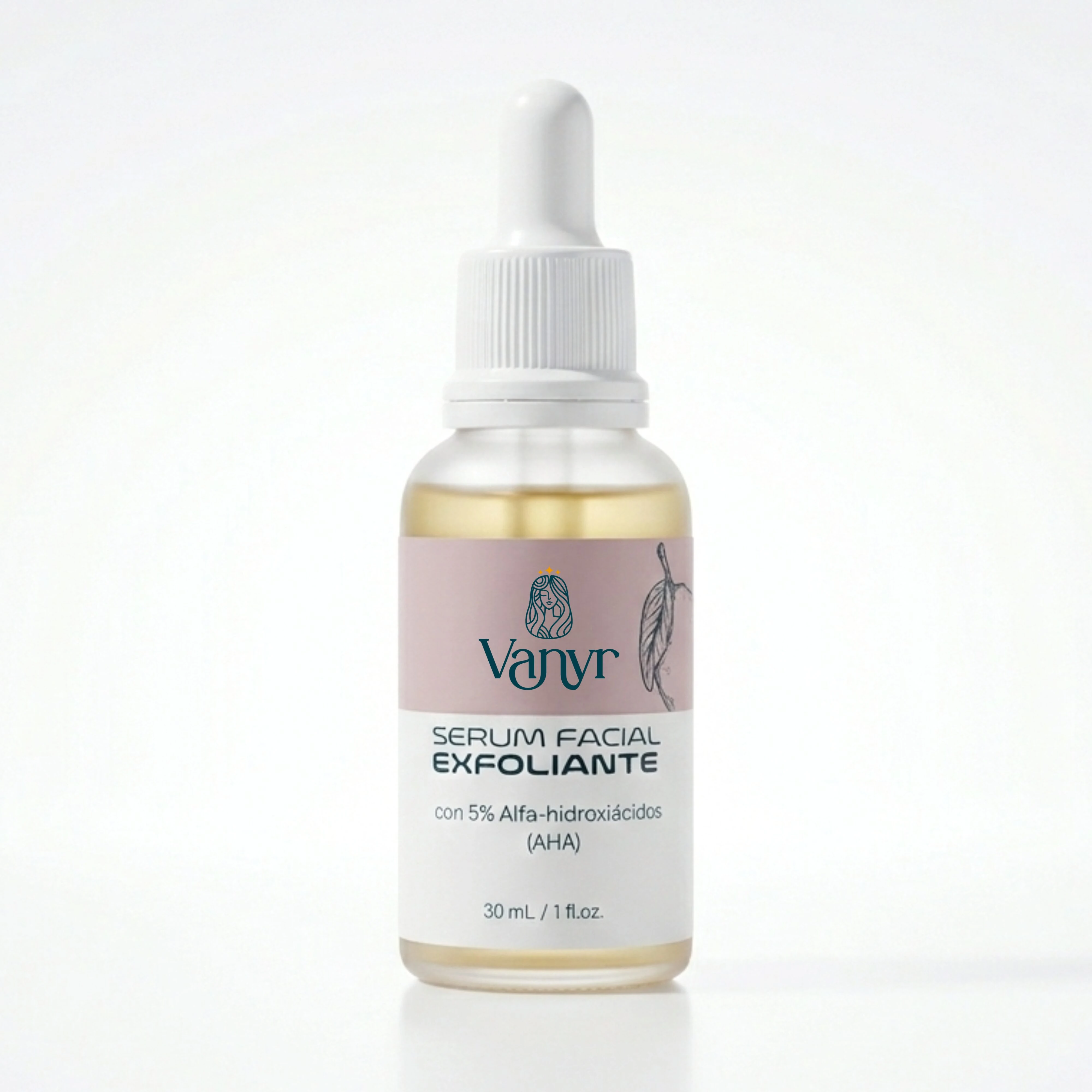 Serum facial exfoliante Vanyr con 5% AHA en frasco de vidrio transparente de 30 ml.