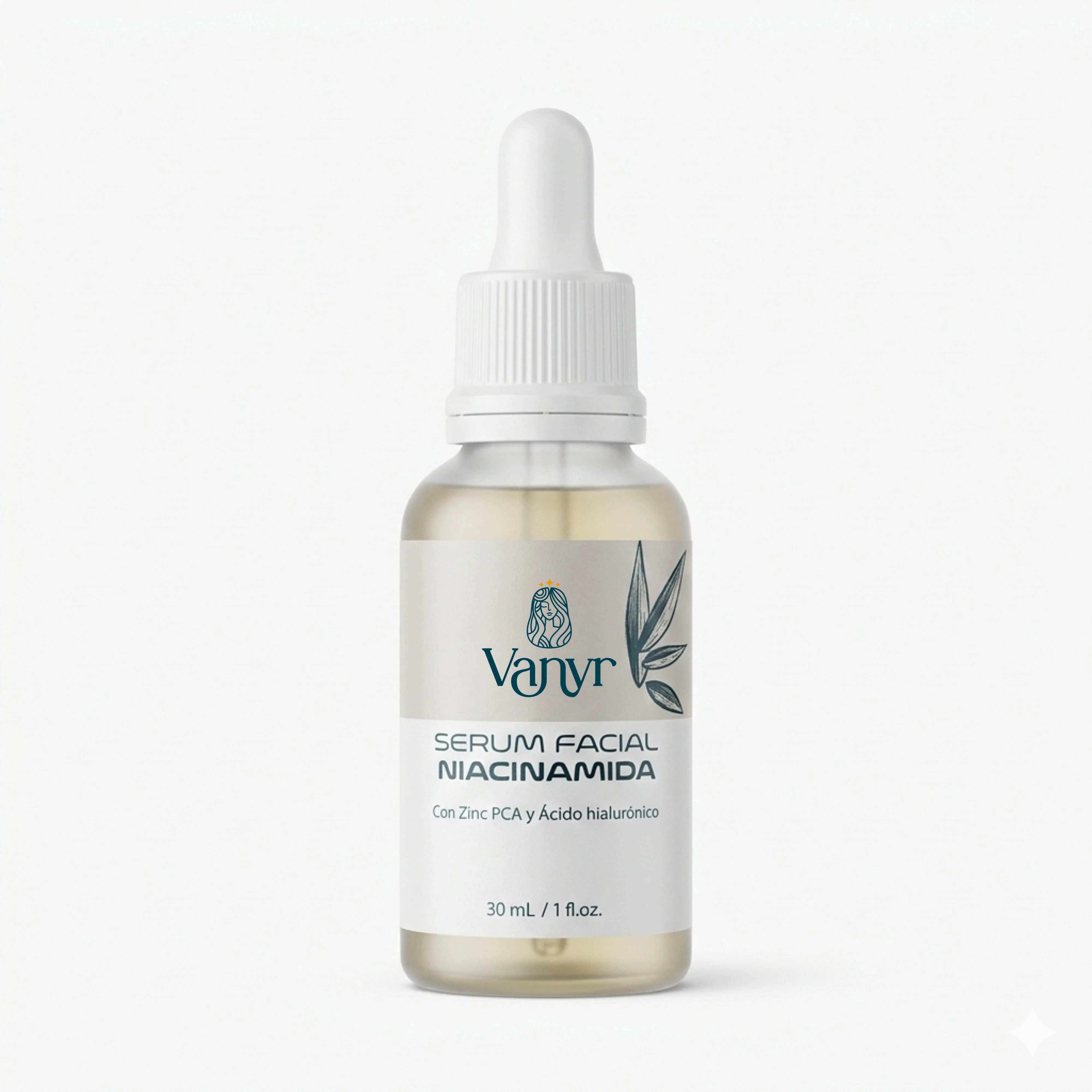 Sérum facial Vanyr Niacinamida en frasco de vidrio con gotero, 30 ml.