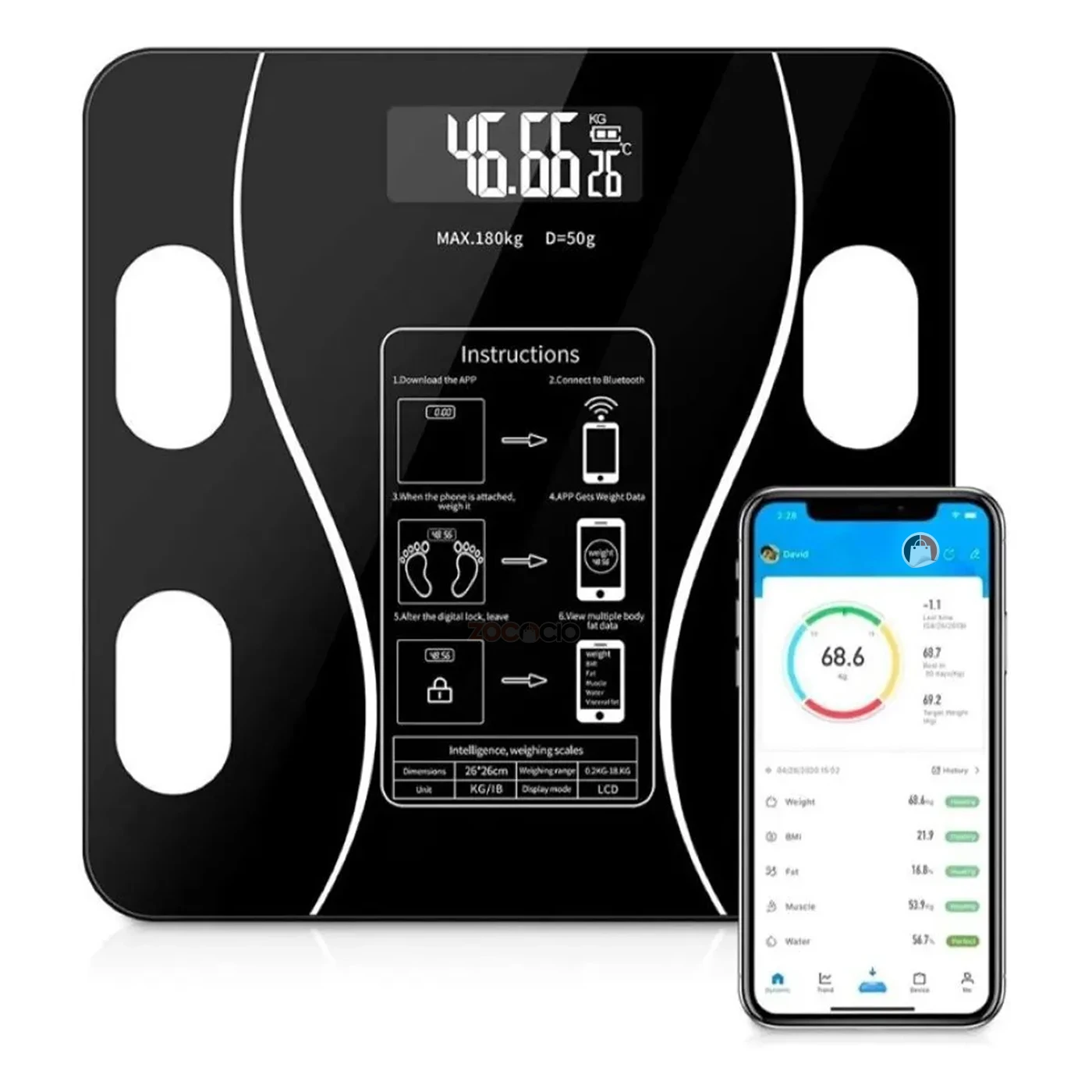 Pesa inteligente de baño negra, 26x26cm, muestra 46.66kg y se conecta a app móvil para monitorear 13 métricas corporales.