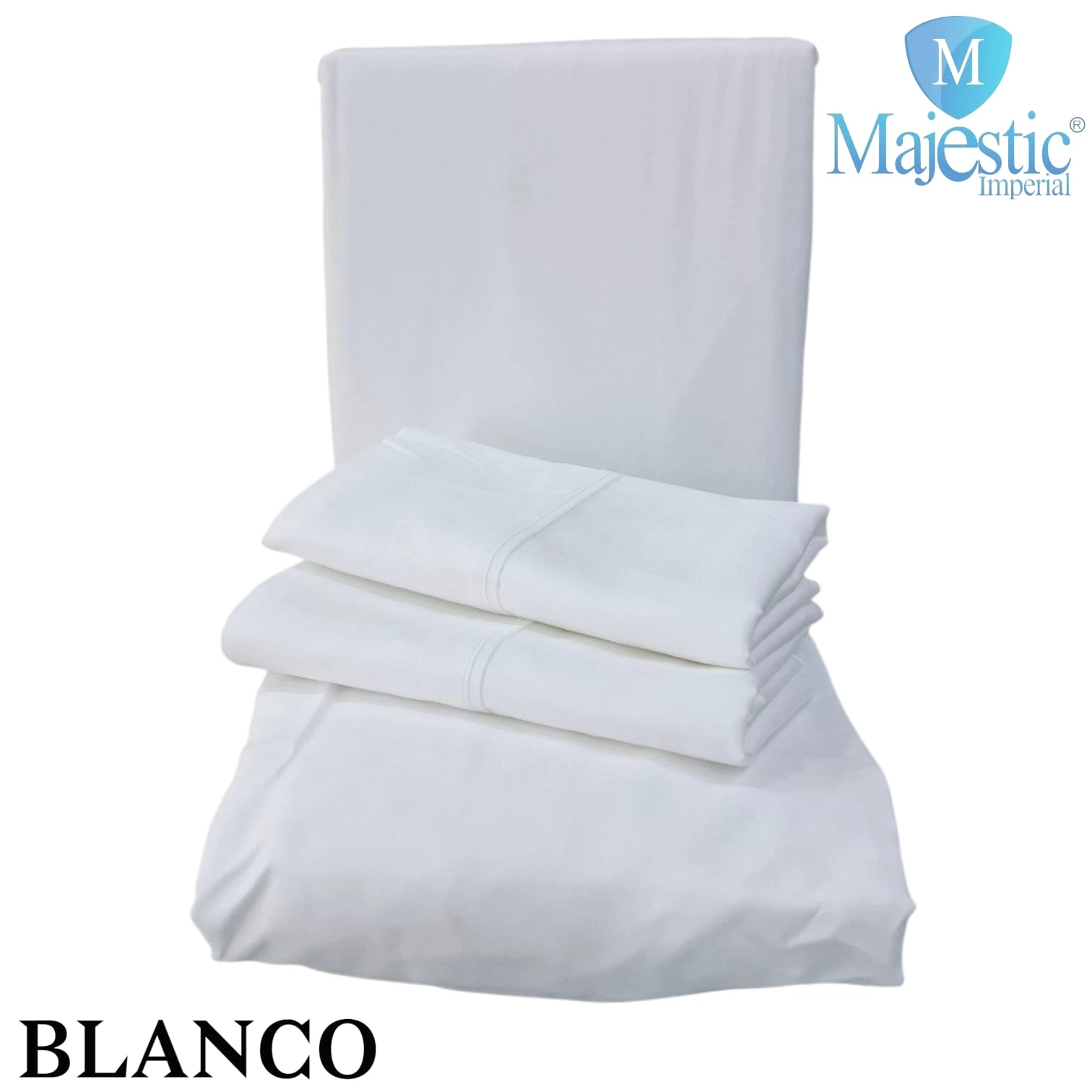 Sábanas blancas unicolor de Majestic Imperial, modelo Blanco, presentadas en conjunto completo con funda de almohada y sábanas dobladas, sobre fondo blanco.
