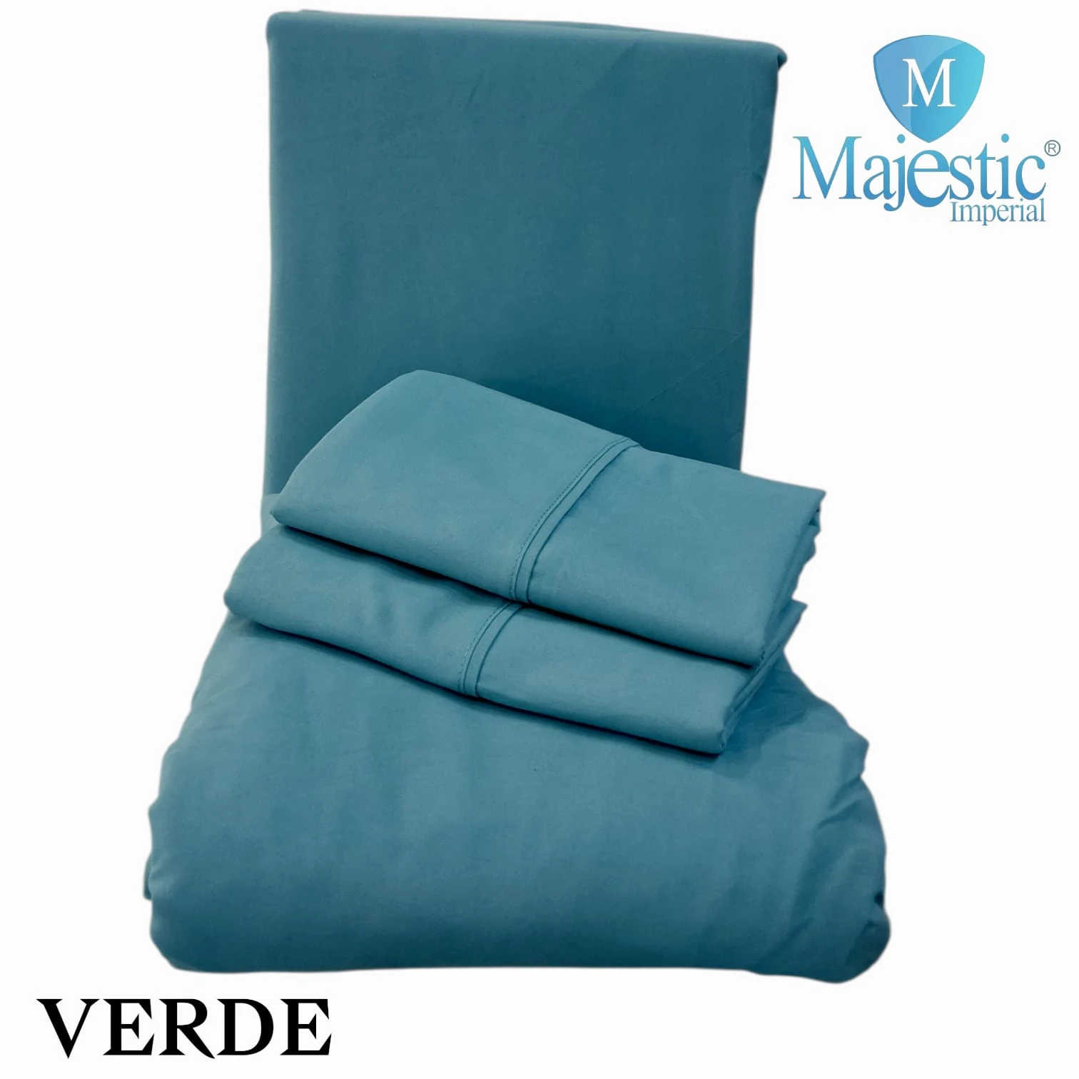 Sábanas cama sencilla unicolor verde, modelo Majestic Imperial, presentadas con sábanas dobladas y funda de almohada.