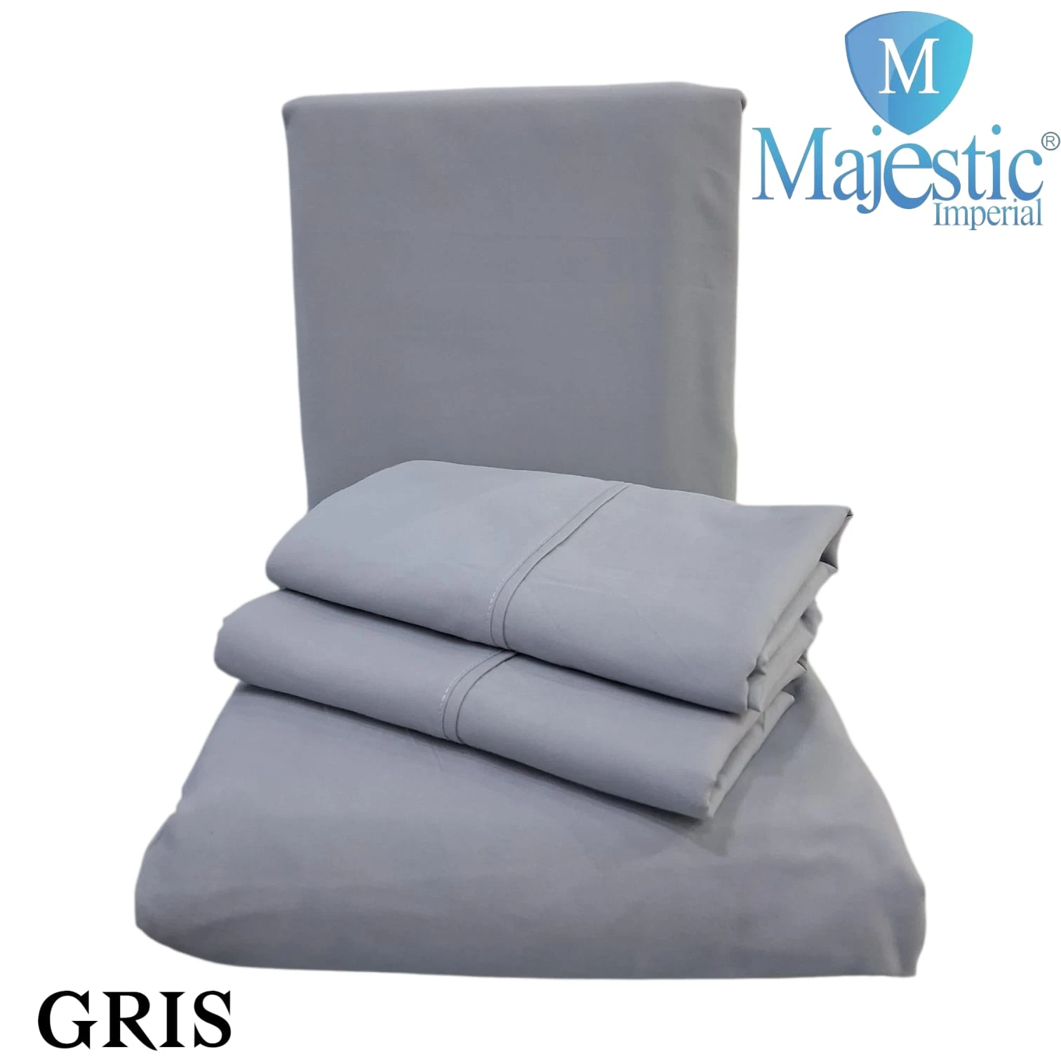 Sábanas cama sencilla unicolor gris, modelo Majestic Imperial, presentadas con sábanas dobladas y funda de almohada, textura suave y acabado liso.