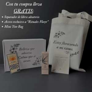 Caja de regalo Vanyr con sérum facial, separador de libros, etiqueta y bolsa tote, todo con diseño floral.