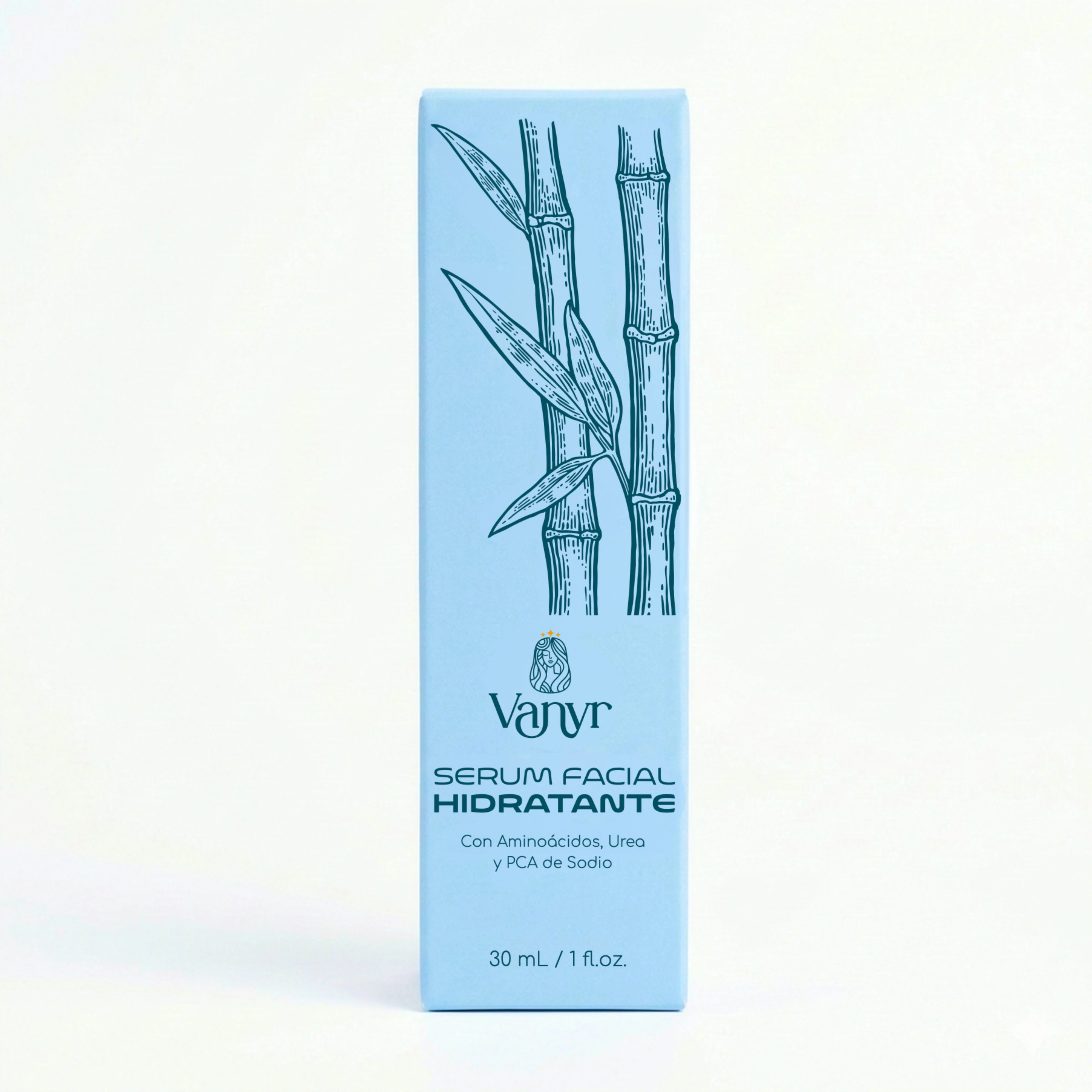 Caja azul claro de Serum Facial Hidratante Vanyr con bambú, 30 ml.